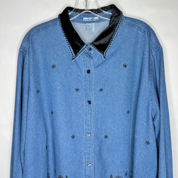 Club Z Denim Woman’s Shirt sz 22/24 Embroidered & Bead Decorated Velvet Collar - Picture 3 of 11
